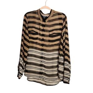 Old Navy Striped Utility Blouse XXL | Black Brown Tan Long Sleeve Shirt